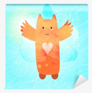 Flying Cat Character With Heart - Watercolor Painting