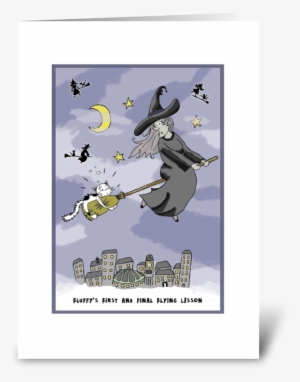 Cat Gets Flying Lessons At Halloween Greeting Card - Cartoon