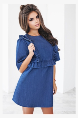 Short Denim Dress With Frizzles In Dark Blue - Photo Shoot