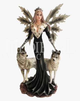 Winter Night Fairy With Wolves Statue - Fairy
