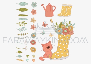 Gardener Cat Spring Care Accessories Vector Illustration - Cartoon