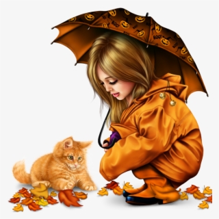Little Girl In Raincoat With A Kitty Png - Kitten