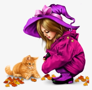 Little Girl In Raincoat With A Kitty Png - Clip Art
