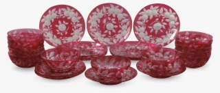 Set Of Cranberry Glass Bowls & Saucers - Candle