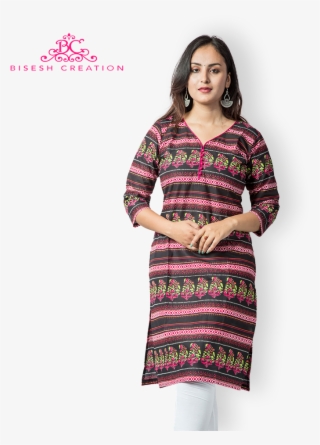 Black Printed Jaipuri Printed Pure Cotton Kurti With - Nightwear