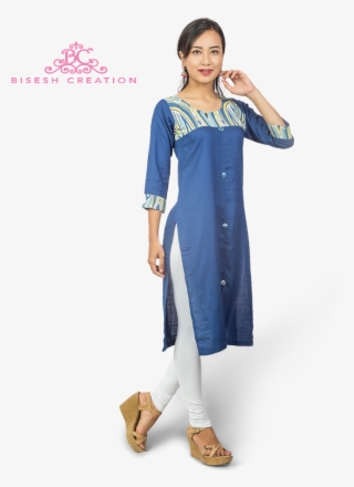 Navy Blue Slub Rayon Choli Design Front Cut Kurti With - Girl