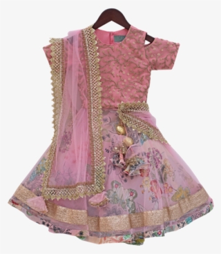 Peach Dupion Silk Embroidery Choli With Printed Lehenga - Day Dress