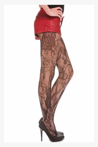 Fishnet Stocking Filled With Patterned Floral Designs - Tights