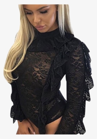 Black Ruffles Lace Sexy Bodysuit
