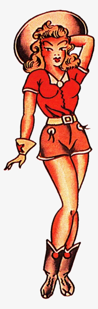 Sailor Jerry Vintage Tattoo Designs, Red Cow Girl, - Traditional Classic Pin Up Girl Tattoo