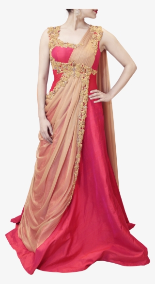 Gold And Pink Saree Gown - Gown