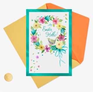 Bird And Spring Floral Wreath Easter Card - Greeting Card