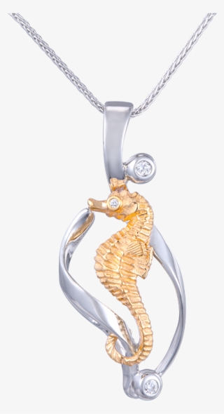 14k Two Tone Single Sea Horse Pendant With 3 Diamonds - Locket