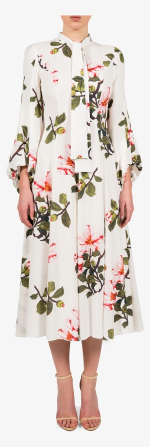 Silk Dress With Bishop Sleeves - Fashion Model