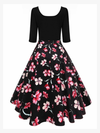 Retro Floral Print Half Sleeve Dress - Retro Vintage 1950s Dresses