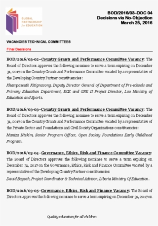 Board Decision On The Technical Committees' Vacancies - Global Partnership For Education