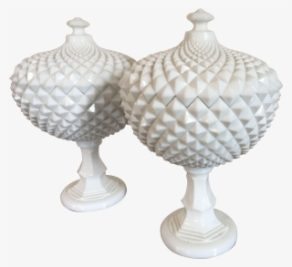 Pair Large Milk Glass Covered Fruit Bowl Urns With - Urn