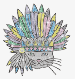 Cute Indian Cat In Colorful Feather Hat Iron-on Nailhead - Tribal Chief